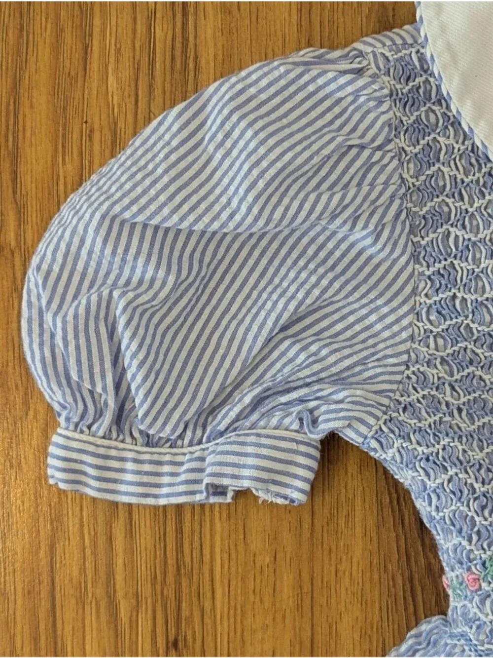 Vintage Sophie Dess Blue & White Striped Smocked Dress With Peter Pan Collar & P
